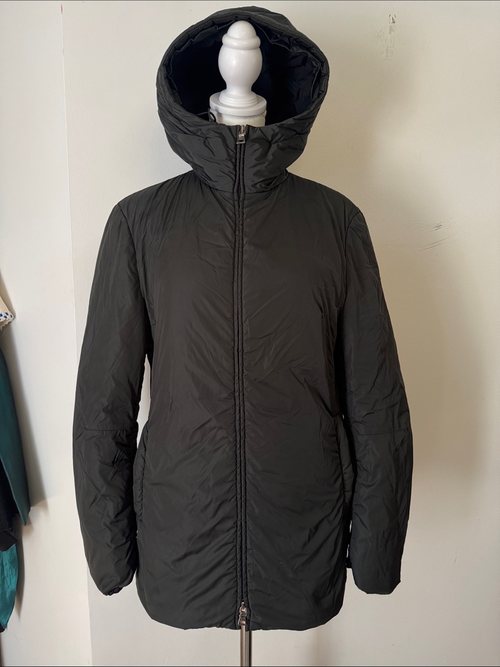 Prada black nylon puffer hooded zipper jacket